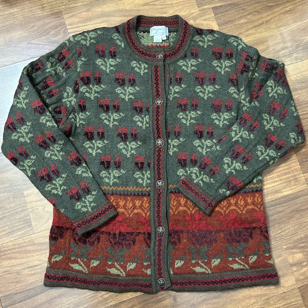 Vintage Cherry Lewis Women's M Wool Blend Floral Nordic Patter Cardigan Sweater - Picture 11 of 13